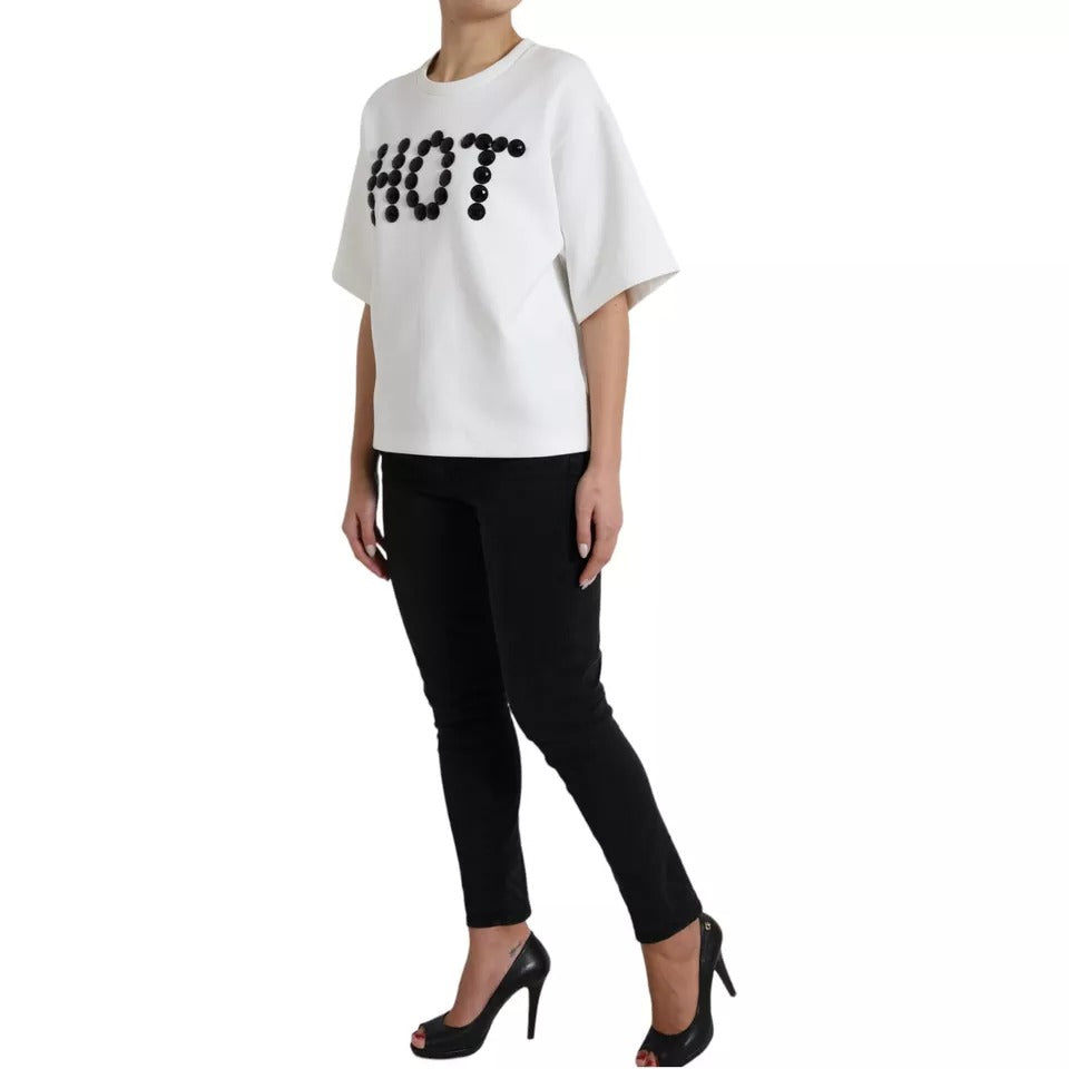 T-shirt blanc en coton Dolce & Gabbana avec cristaux noirs et détails chauds, vue de face.
