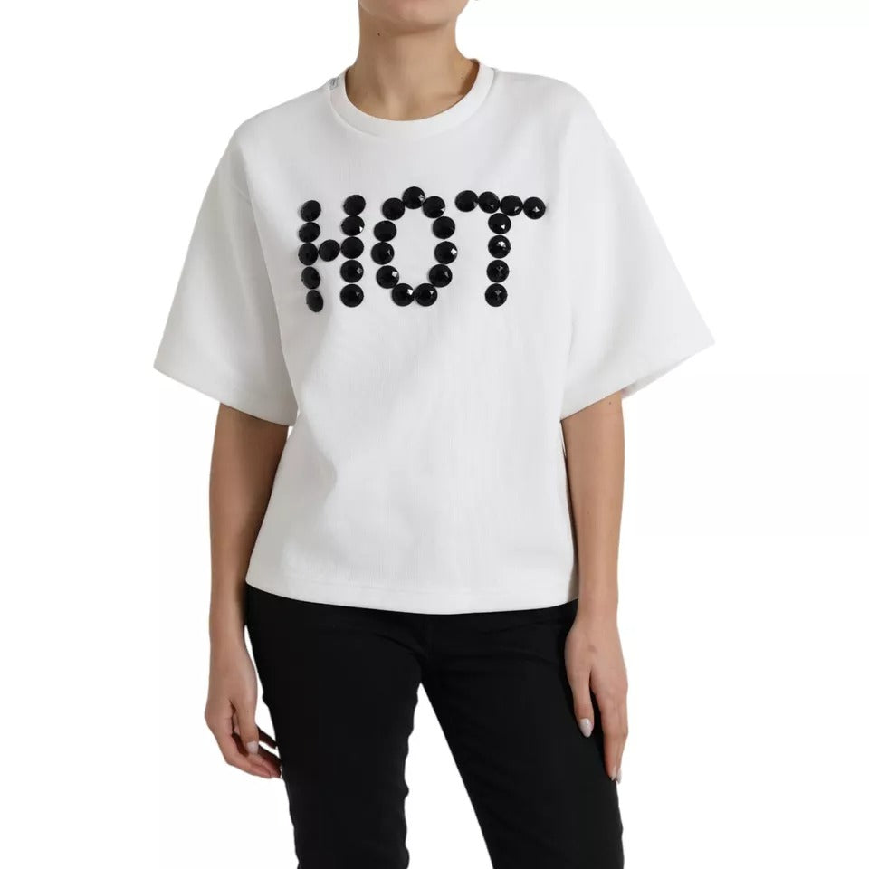 T-shirt Dolce & Gabbana blanc en coton avec cristaux noirs et détails chauds, vue de face.