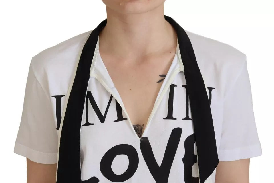 T-shirt blanc en coton imprimé avec col ascot de Dolce & Gabbana, style élégant et décontracté.