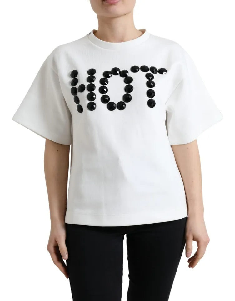 T-shirt Dolce & Gabbana en coton blanc stretch avec détails en cristal noir, style élégant et moderne.