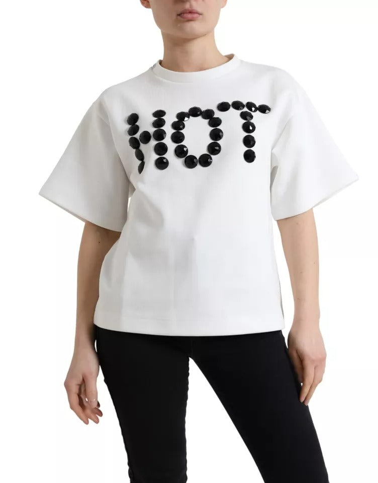 T-shirt en coton stretch blanc et noir Dolce & Gabbana avec cristaux HOT, style élégant et moderne.