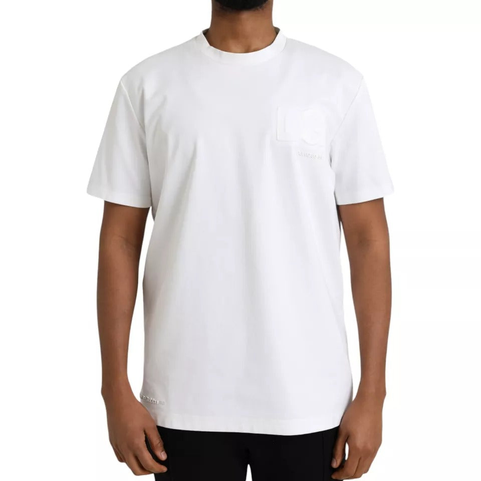 T-shirt à col rond blanc Dolce & Gabbana en coton avec logo embossé, vue de face.