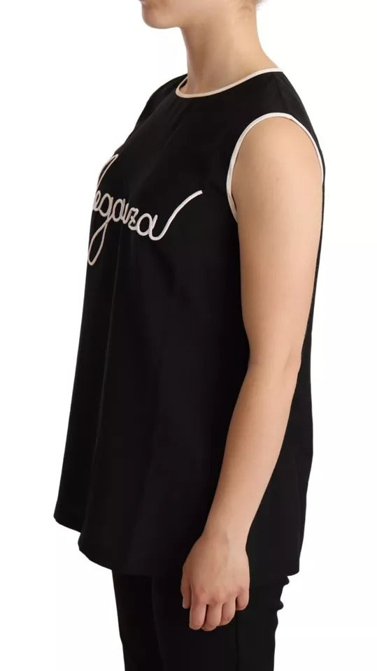 Débardeur sans manches en soie noire Dolce & Gabbana avec imprimé éléganza, élégant et sophistiqué.