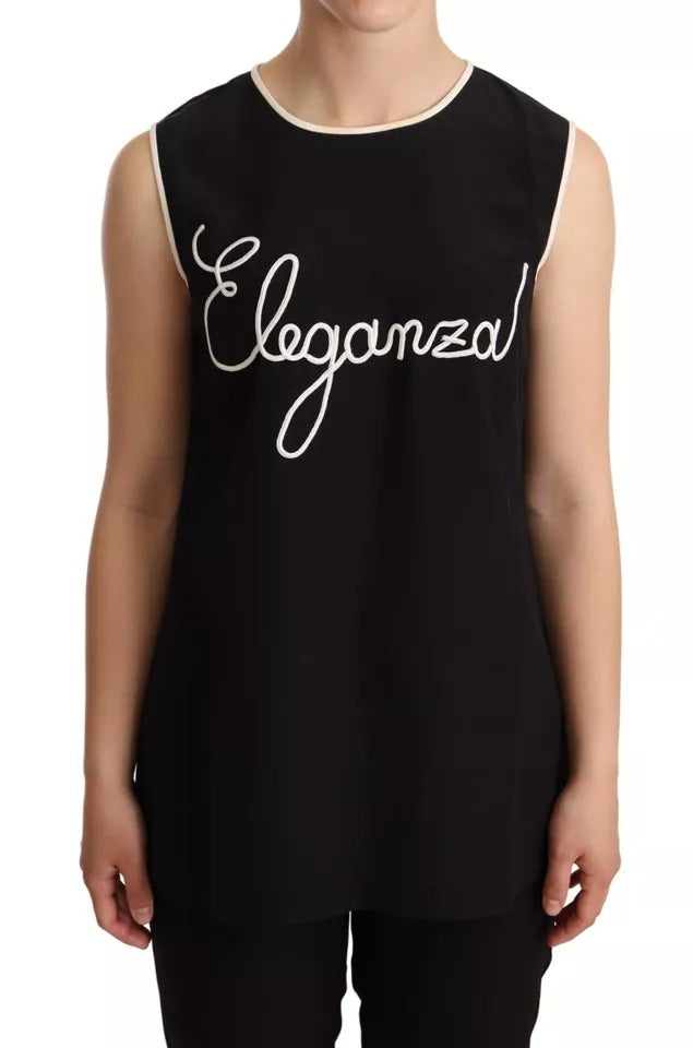 Débardeur sans manches Dolce & Gabbana en soie noire avec imprimé Eleganza, visible en détail sur l'image.