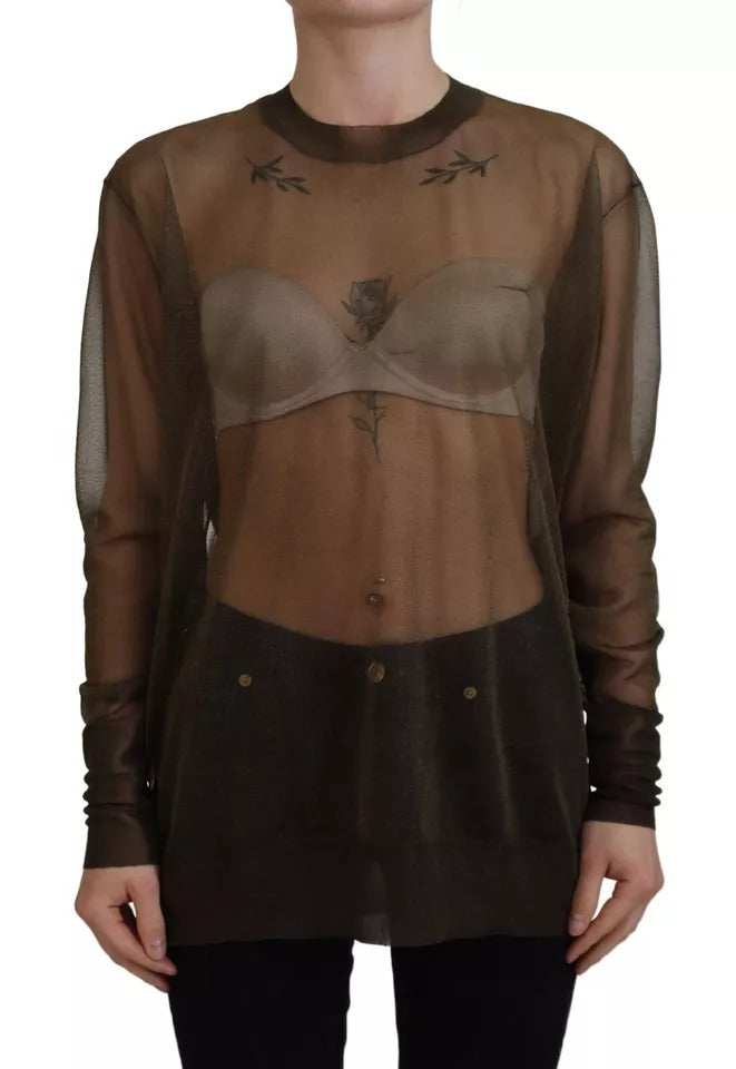 Haut noir transparent à manches longues Dolce & Gabbana, col ras du cou en tissu léger et élégant.