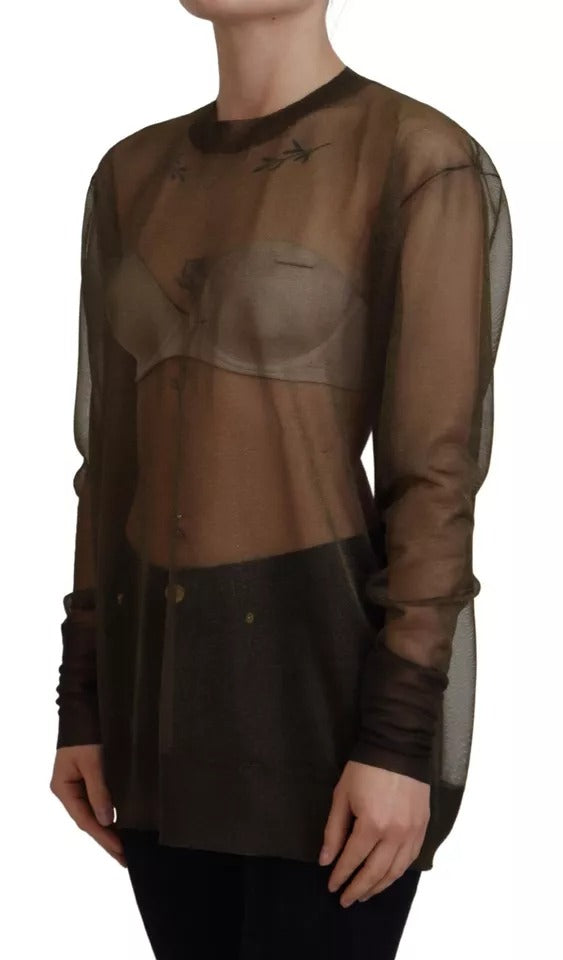 Top noir transparent à manches longues de Dolce & Gabbana, col rond élégant, tissu léger et sophistiqué.