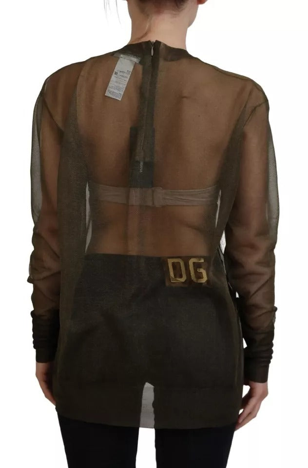 Top à manches longues et col rond transparent noir de Dolce & Gabbana, en tissu léger et élégant.