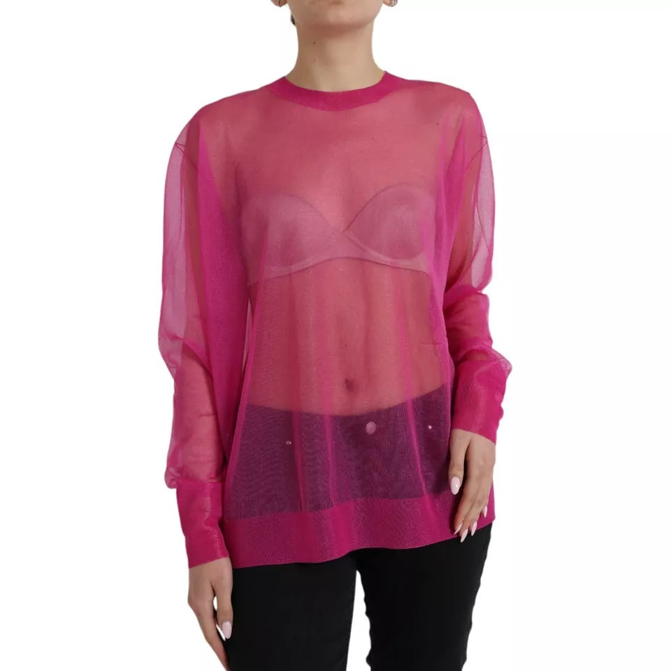 T-shirt à manches longues en dentelle rose transparent de Dolce & Gabbana, coupe classique, col rond.