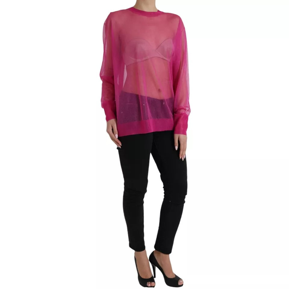Top en maille transparente rose Dolce & Gabbana à manches longues et col rond, élégant et léger.
