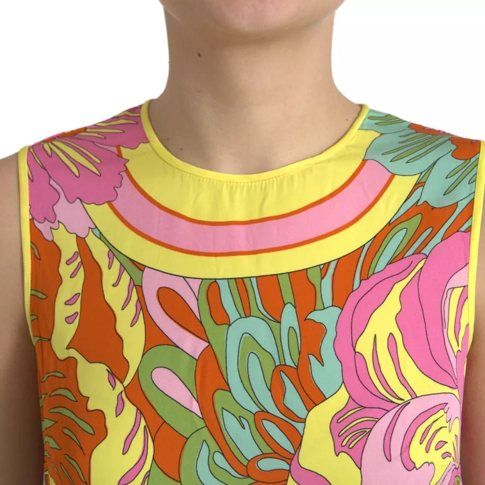 Débardeur en soie multicolore à fleurs de Dolce & Gabbana, sans manches, avec motif floral élégant.