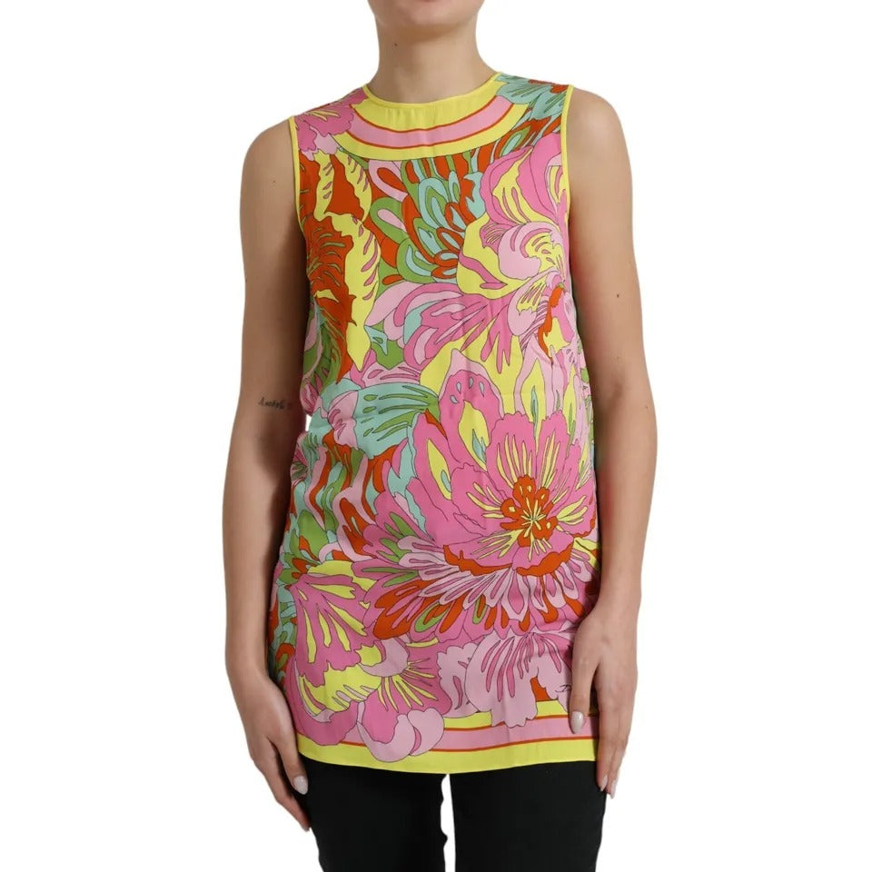 Débardeur sans manches en soie Dolce & Gabbana à fleurs multicolores, avec motif floral coloré et coupe élégante.
