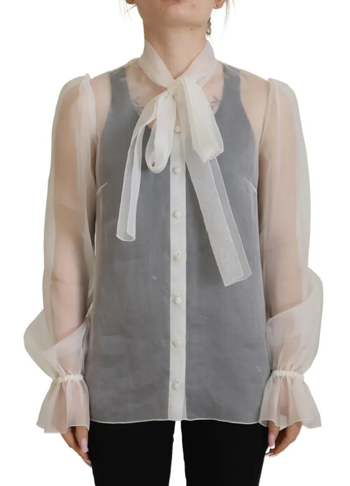 Chemise blanche Dolce & Gabbana à col ascot et manches longues, élégante et sophistiquée, vue de face.