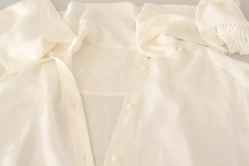 Chemise blanche Dolce & Gabbana avec col ascot en soie et boutons, vue de face sur la blouse élégante.