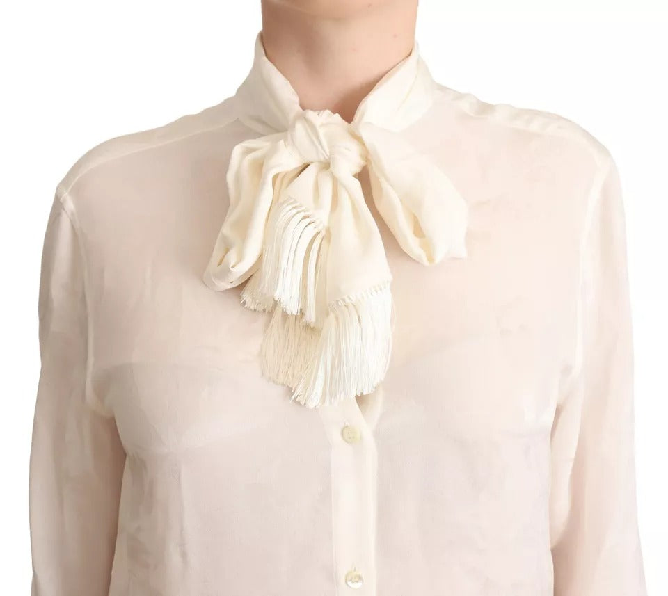 Chemise blanche Dolce & Gabbana en soie avec col ascot et boutons, vue de face.