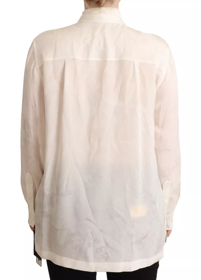 Chemise blanche Dolce & Gabbana en soie avec col ascot et boutons, vue de face.