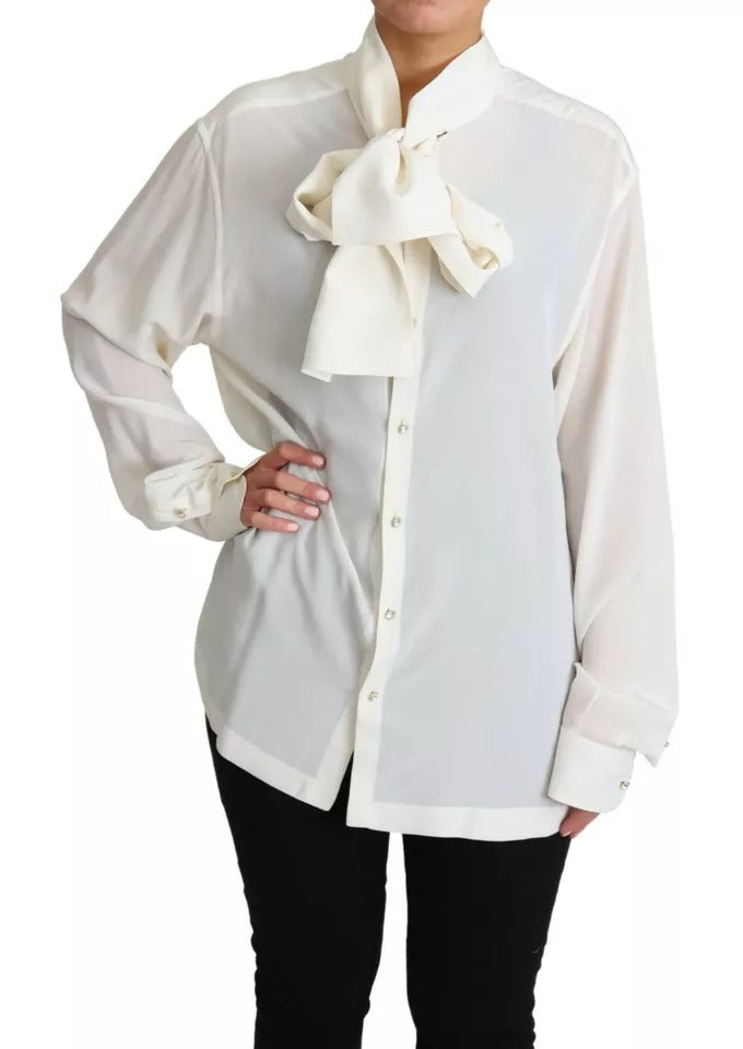 Chemise blanche Dolce & Gabbana en soie avec col ascot, élégante haut à manches longues pour femme.