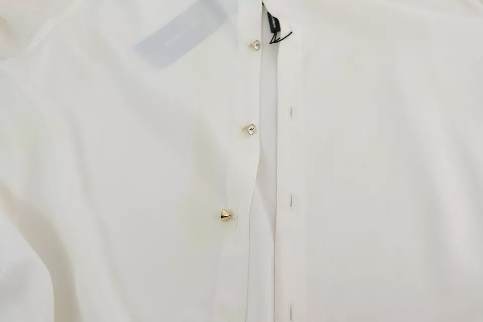 Chemise blanche Dolce & Gabbana en soie avec col ascot, vue de face sur un mannequin.