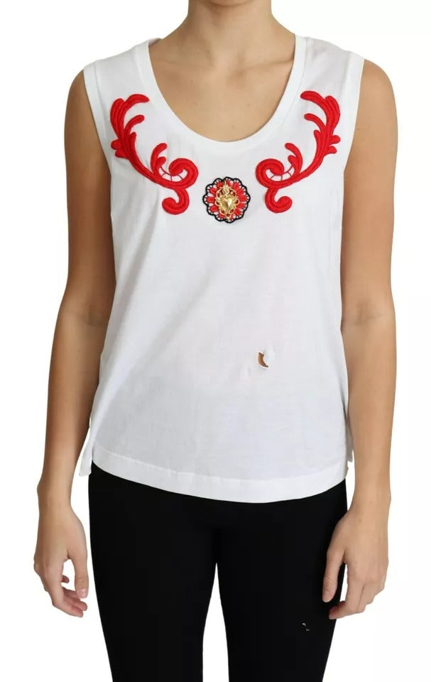 Débardeur sans manches blanc Dolce & Gabbana en coton avec application de cœur, détails visibles sur l'image.