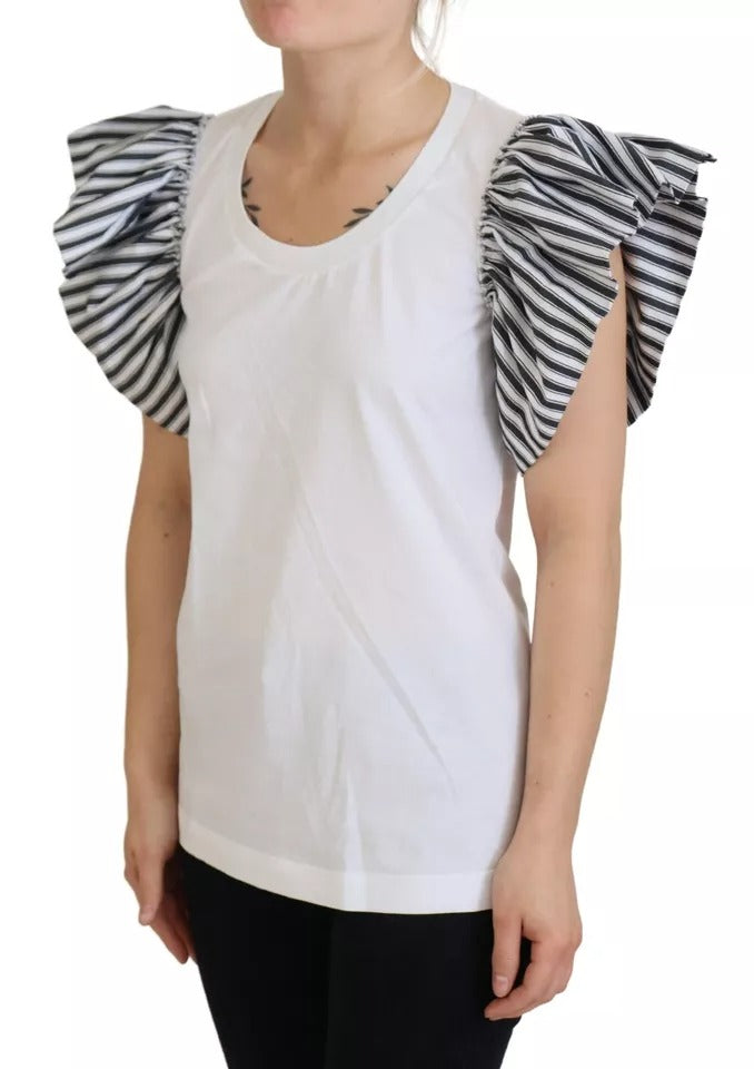 Pull-over blanc à rayures à manches courtes de Dolce & Gabbana, haut élégant en tissu léger.