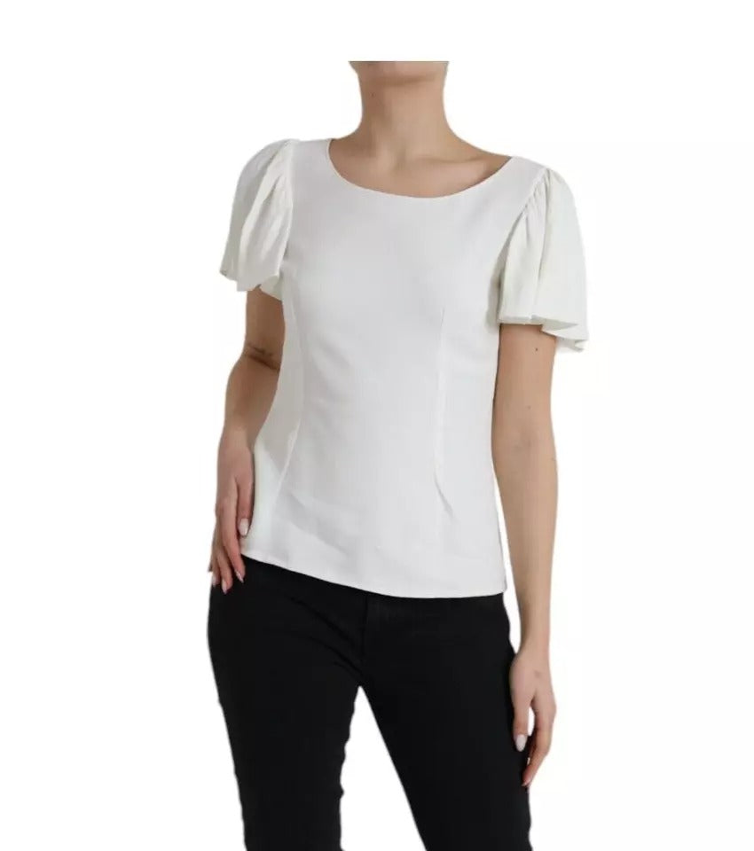 Top blanc en viscose à col rond et manches courtes de Dolce & Gabbana, vue de face.