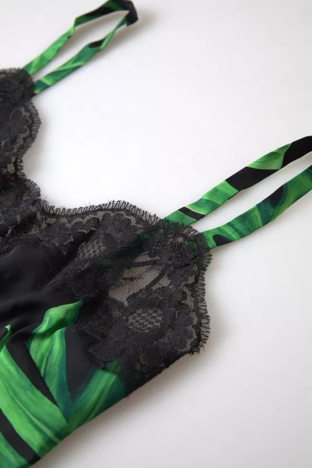 Camisole en soie noire Dolce & Gabbana avec imprimé philodendron, lingerie élégante et raffinée.
