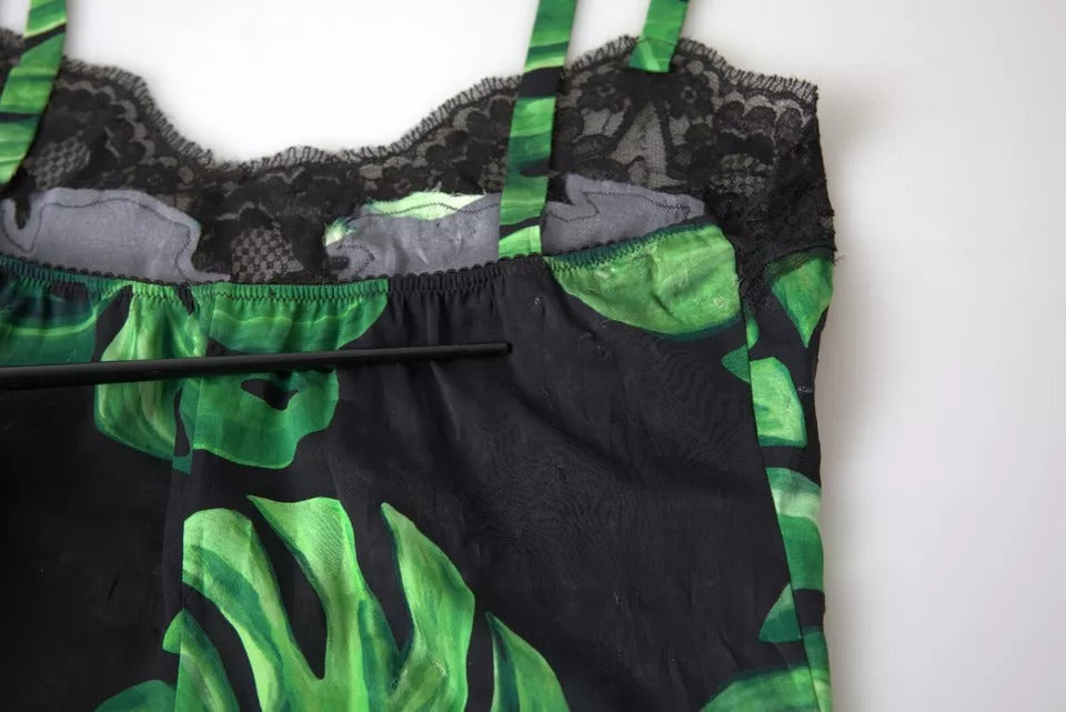 Camisole en soie noire Dolce & Gabbana avec motif de philodendron, vêtement de lingerie élégant et délicat.