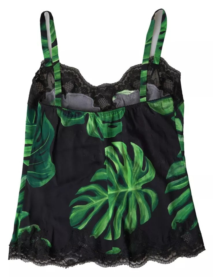 Camisole en soie noire Dolce & Gabbana avec imprimé philodendron, détails élégants et finition raffinée.
