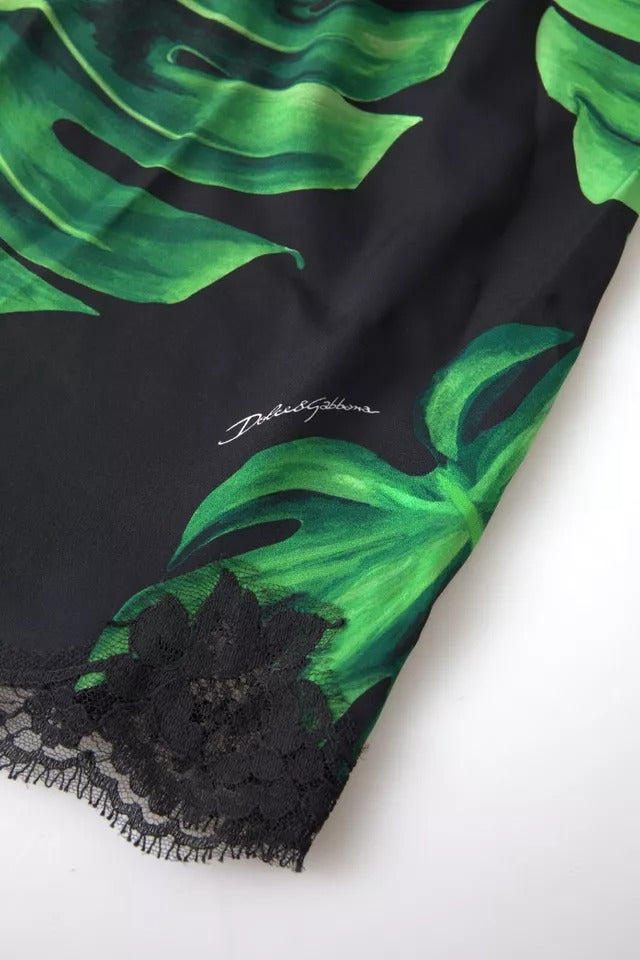 Camisole en soie noire Dolce & Gabbana avec imprimé philodendron, sous-vêtements élégants et sophistiqués.