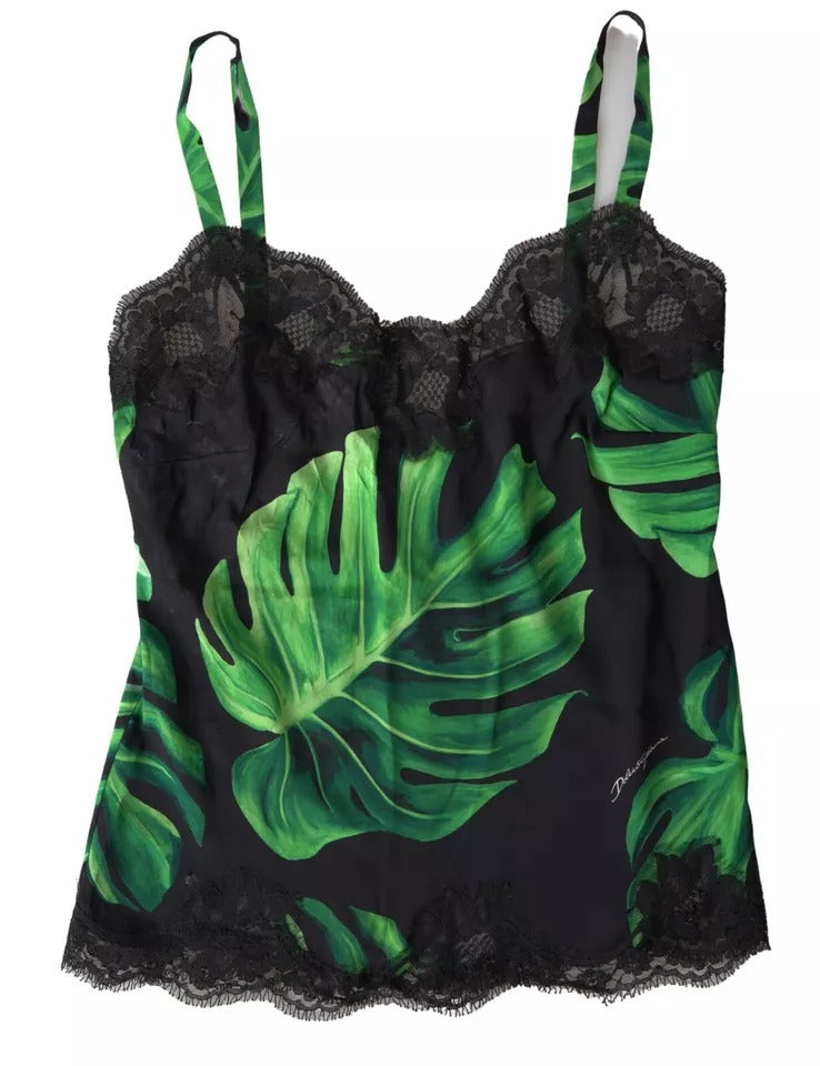 Camisole en soie Dolce & Gabbana avec motif de philodendron noir, sous-vêtements élégants et raffinés.