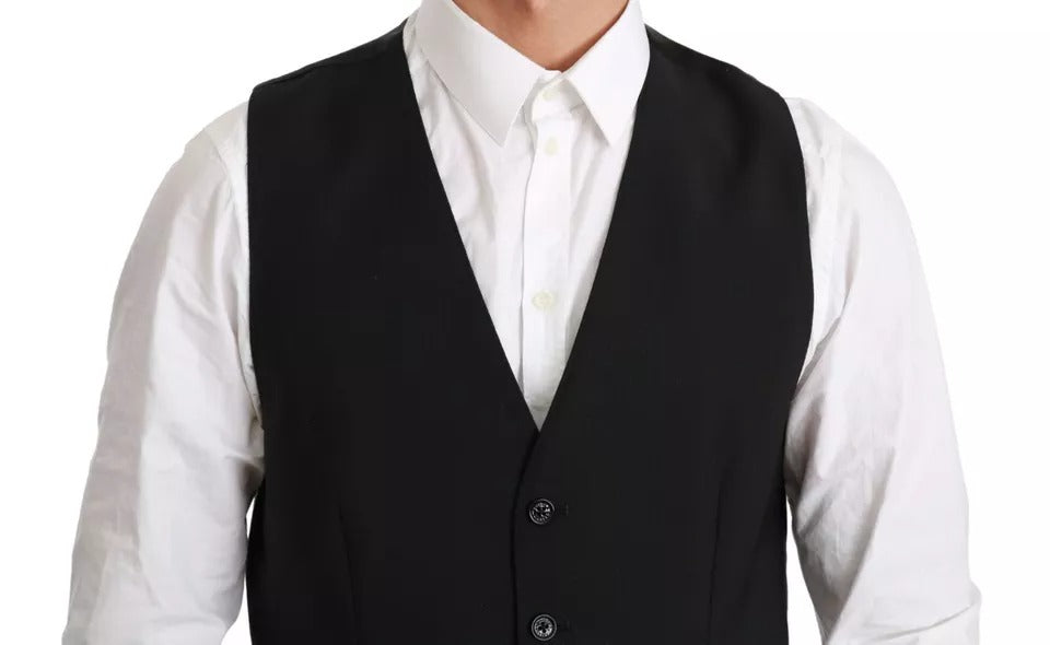 Gilet en laine noir Dolce & Gabbana, ajusté à la taille, veste formelle élégante pour homme.