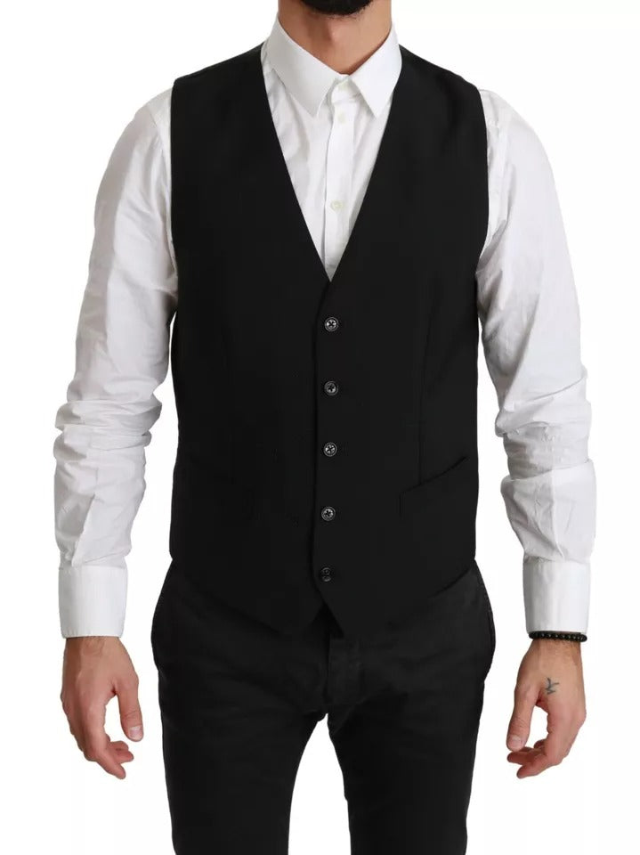 Gilet noir extensible de costume formel Dolce & Gabbana en laine, ajusté à la taille, pour homme élégante.