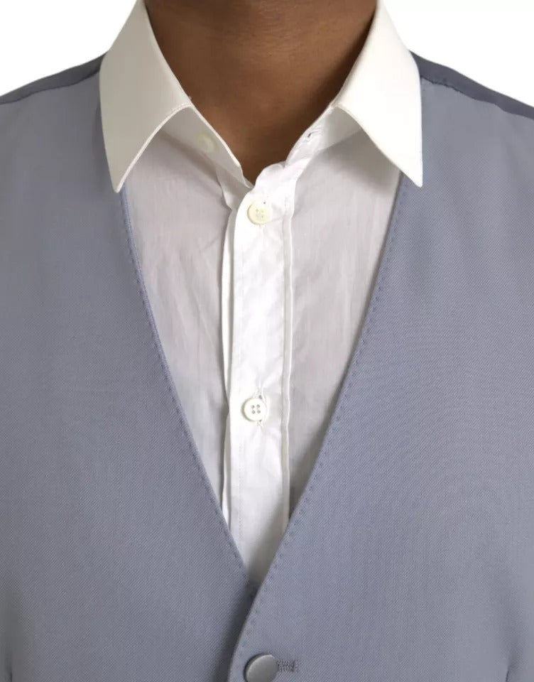 Gilet formel en laine Light Blue de Dolce & Gabbana, veste ajustée élégante, vue de face sur fond neutre.