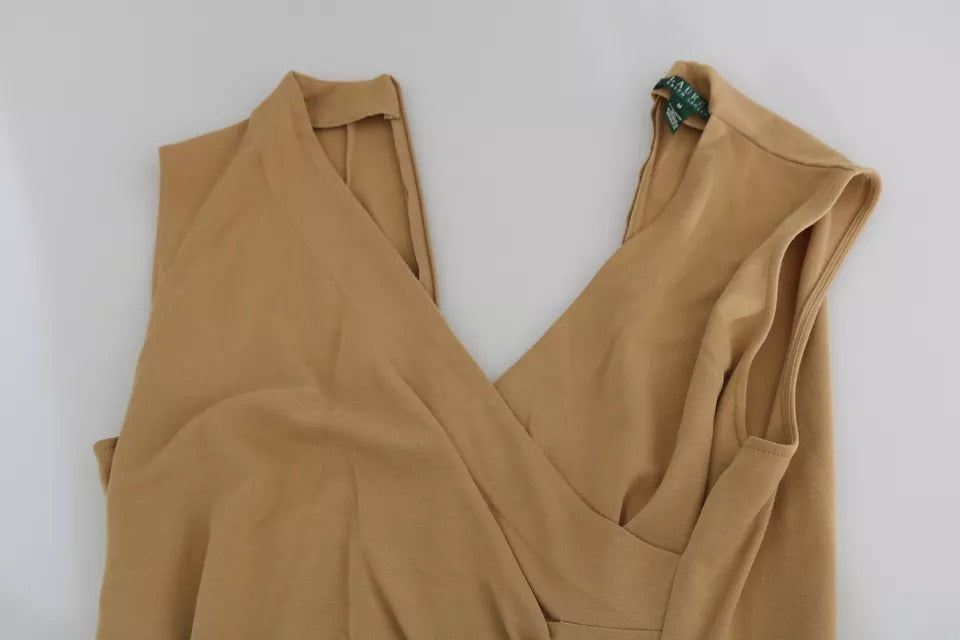 Robe droite en viscose marron Ralph Lauren, col en V, longueur genou, style élégant et confortable.