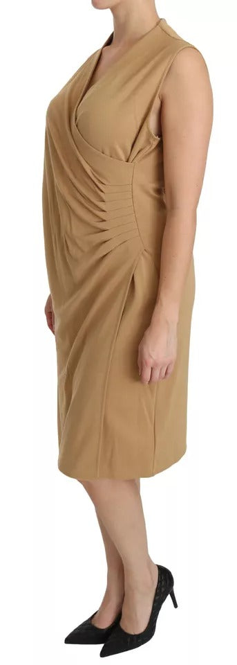Robe droite Ralph Lauren marron en viscose avec décolleté en V, longueur genoux, style élégant et classique.