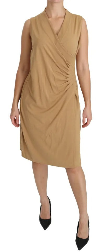 Robe Ralph Lauren marron en viscose, coupe droite, encolure en V, longueur genou, vêtement élégant pour femmes
