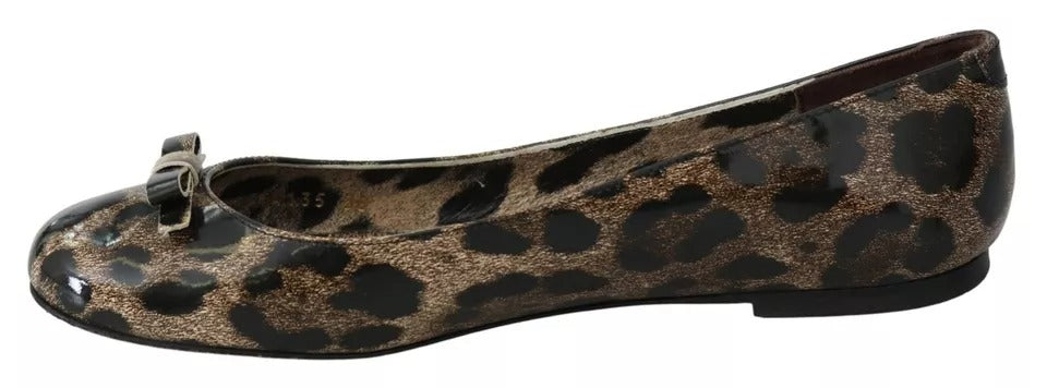 Chaussures ballerines Dolce & Gabbana en cuir marron avec imprimé léopard, élégantes et confortables pour femmes.