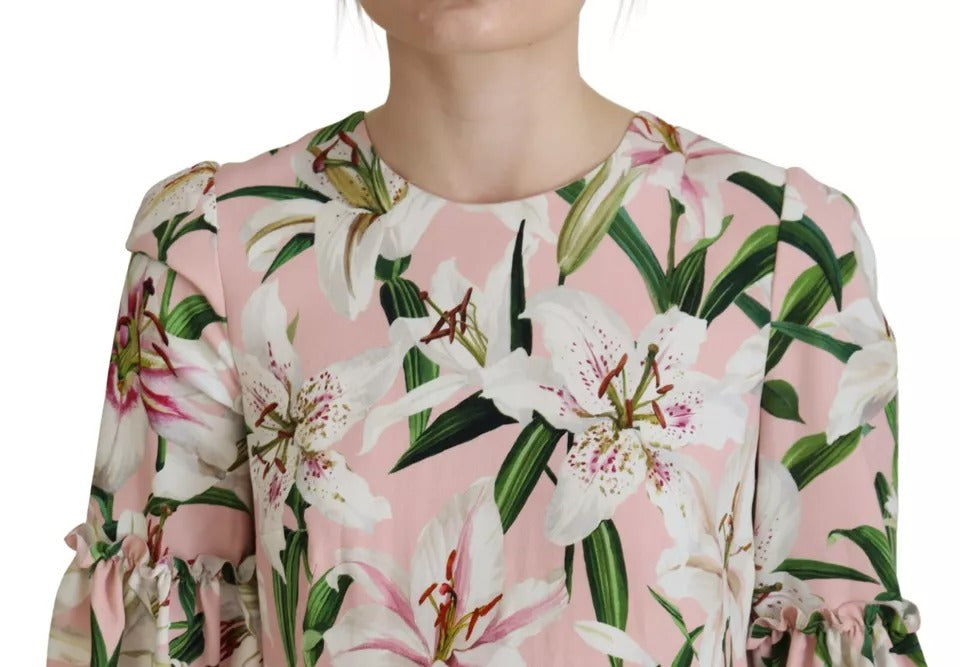 Robe droite en viscose rose à fleurs Lily de Dolce & Gabbana, longueur genou, élégante et fluide.