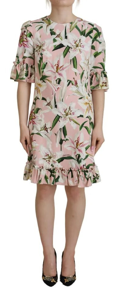 Robe droite en viscose rose avec motif de lys, longueur genou, de la marque Dolce & Gabbana.