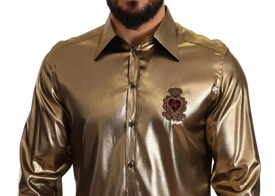 Haut en soie Dolce & Gabbana orné d'une couronne brodée en métal doré, élégant et sophistiqué.