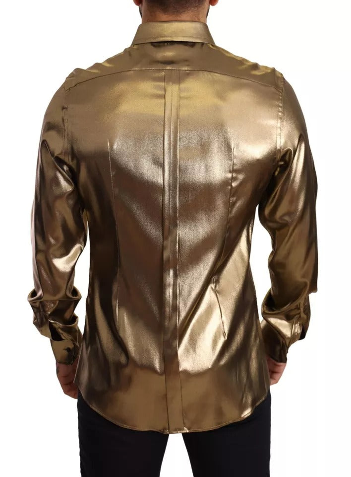 Chemise en soie Dolce & Gabbana or métallisé avec broderie de couronne, style élégant et luxe.