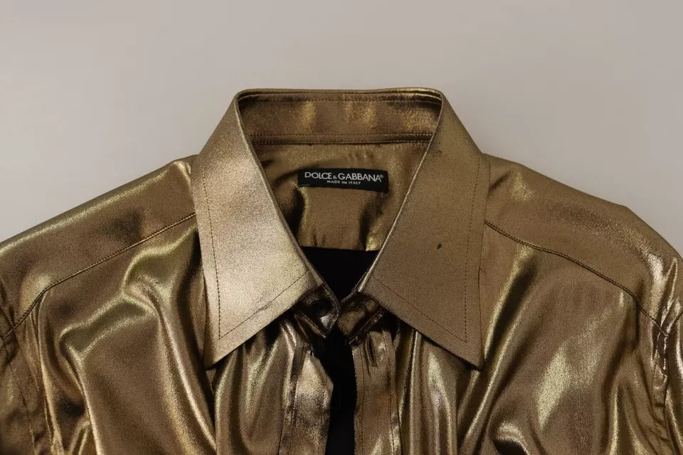Chemise en soie Dolce & Gabbana or métallisé avec broderie couronne élégante, style sophistiqué et luxe visible.