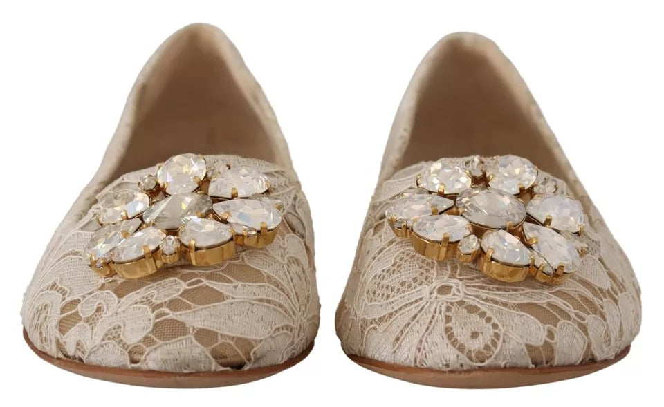 Chaussures ballerines Dolce & Gabbana beige en dentelle avec cristaux, élégantes mocassins en satin pour femmes