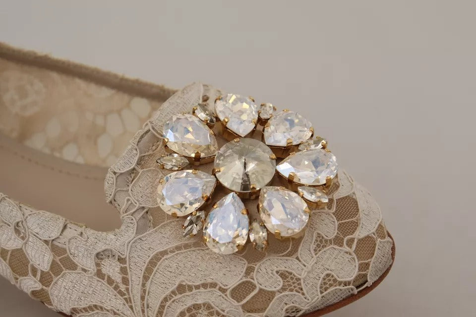 Chaussures ballerines Dolce & Gabbana beige en dentelle avec cristaux, élégantes slippers en cuir pour femmes
