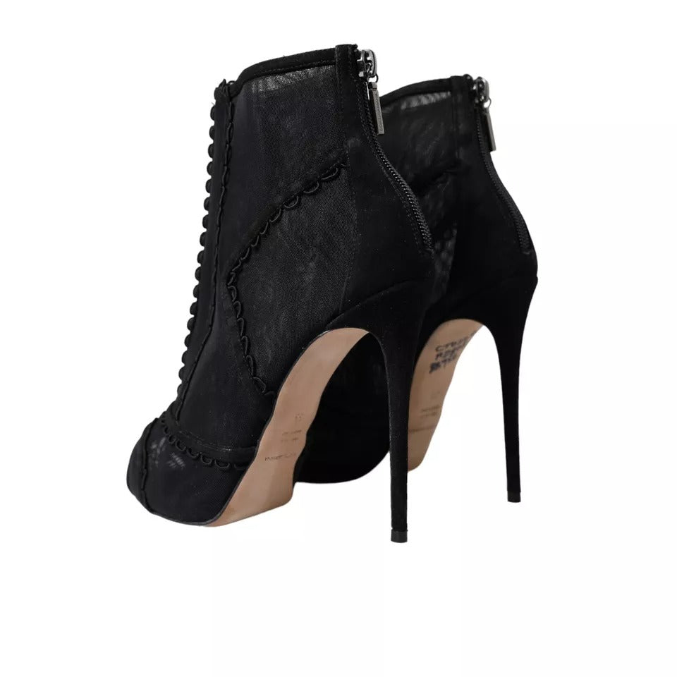 Chaussures Dolce & Gabbana à talons aiguilles en tulle noir, bottines élégantes avec semelle fine et design sophistiqué.