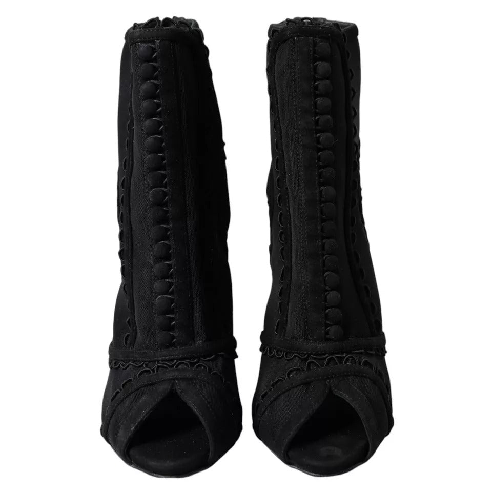 Chaussures Dolce & Gabbana à talons aiguilles en tulle noir, bottines élégantes avec semelle en cuir et design sophistiqué.