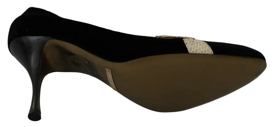 Chaussures à talons hauts en velours noir Dolce & Gabbana Ayers, élégantes et sophistiquées, vues de face.