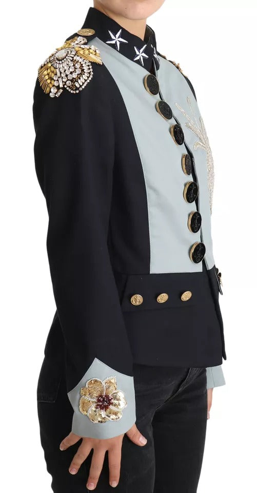 Veste en coton bleue Dolce & Gabbana avec boutons et embellissements en cristal, mode élégante et sophistiquée.