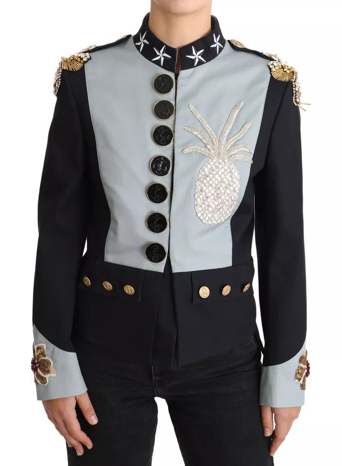 Veste en coton bleue Dolce & Gabbana avec boutons et cristaux ornés, élégante et élégante pour un style sophistiqué.