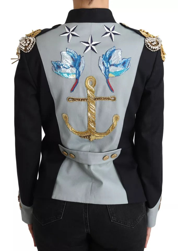 Veste en coton bleu Dolce & Gabbana avec boutons et cristaux brillants, élégante et élégante, vue de face.