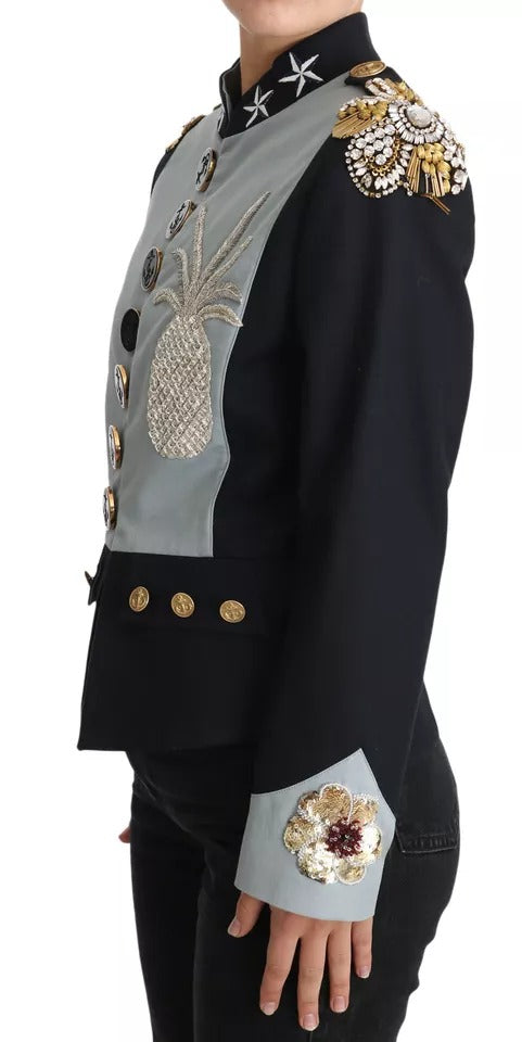 Veste en coton bleu Dolce & Gabbana avec boutons et cristaux, style élégant et sophistiqué, vue de face.